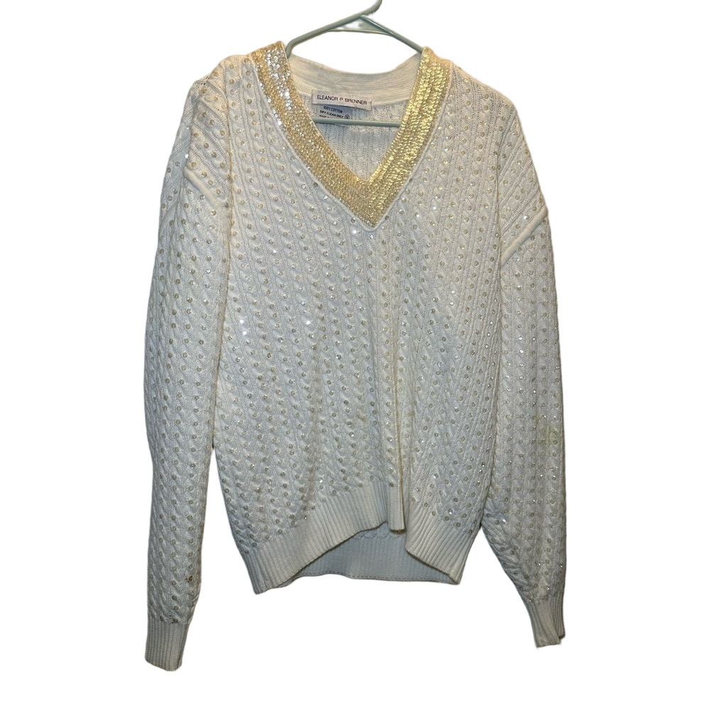 Eleanor P Brenner Vintage Gold Trim White Sweater Size Small